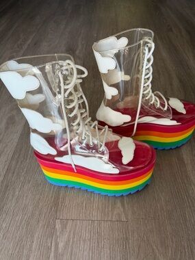 Current Mood Rainbow Platform Lace-Up Boots with Cloud Appliqué